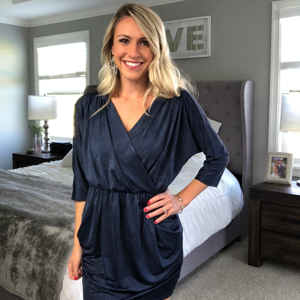 Navy Blue V-Neck Faux Wrap Dress
